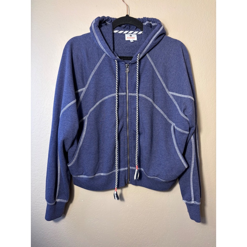 Sundry Blue Contrast Stitch Zip Up Hoodie Sweatshirt Large Made in USA